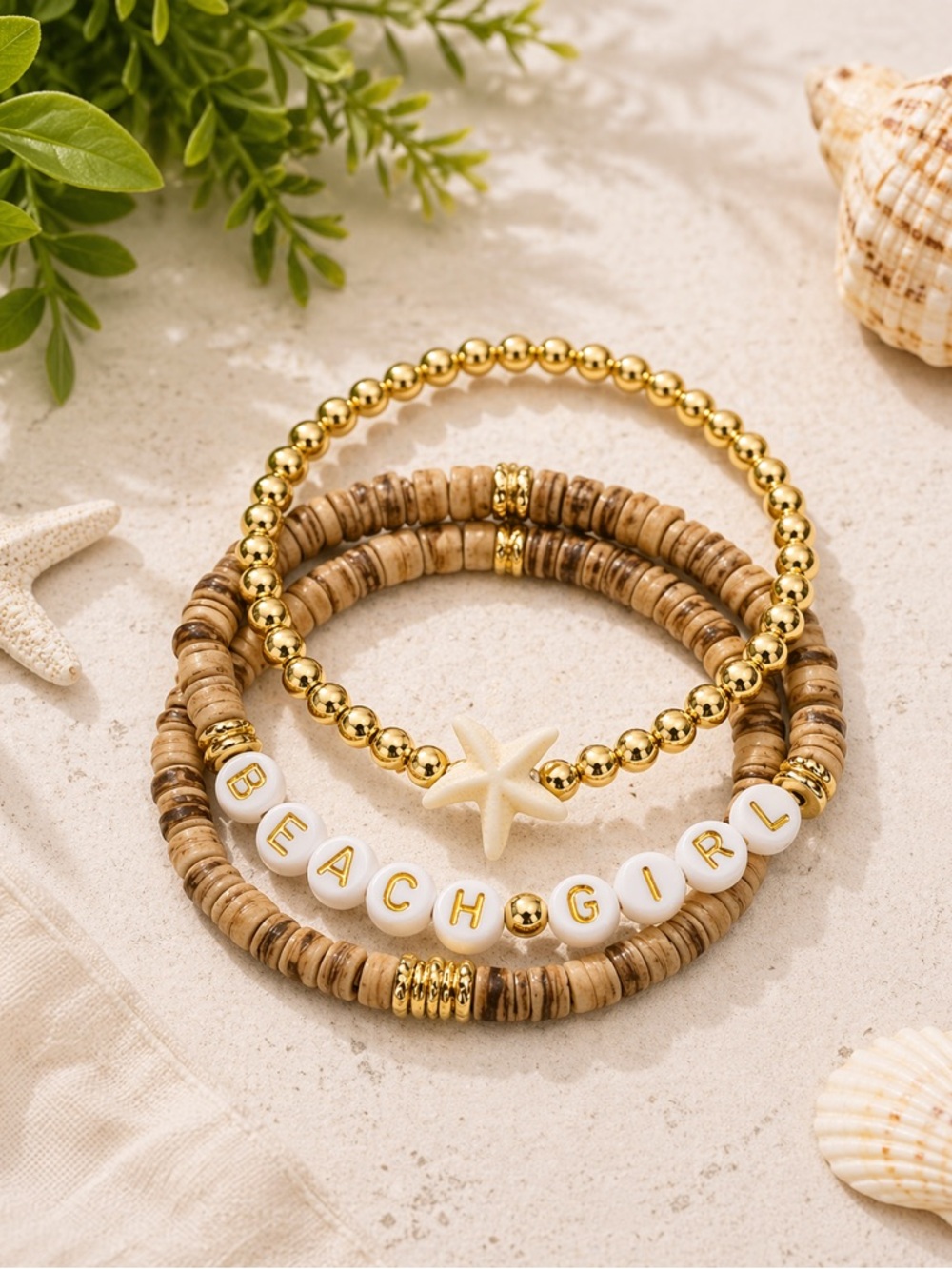 14K Gold Plated Custom Bracelet Stack - Set of 3 - Gold/White Beach Girl
